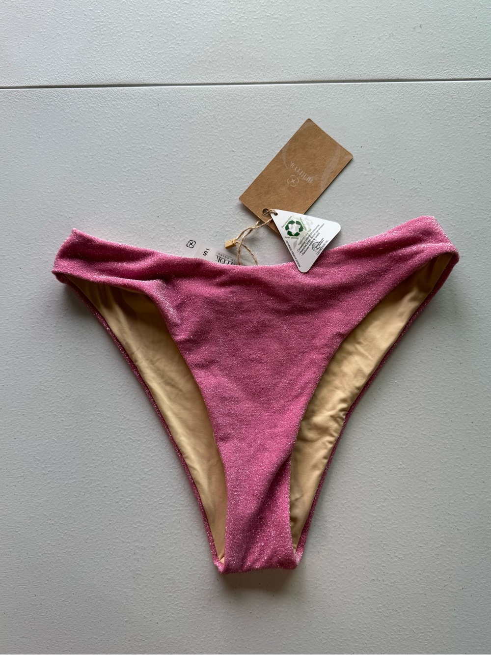 Sparkly Pink Bikini Bottom with Beige Lining